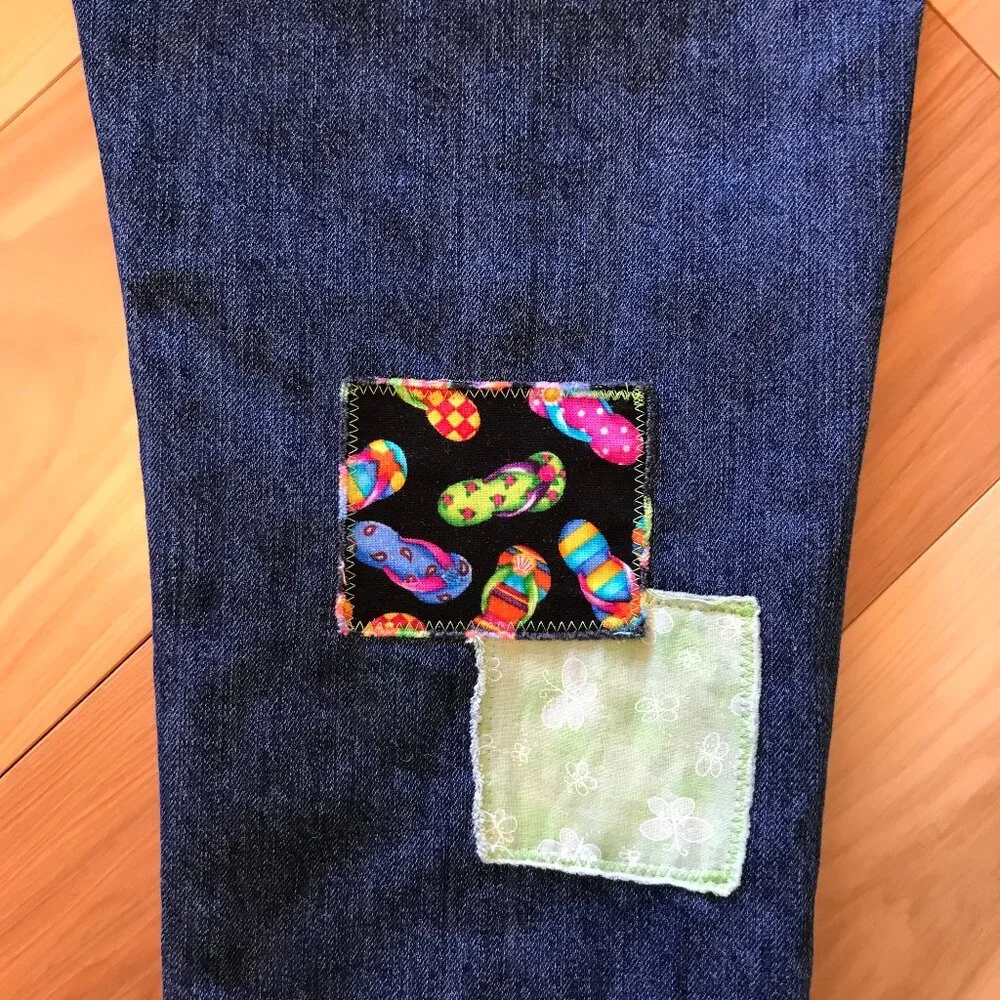Patchwork Denim Capri Pants, Upcycled Gap Summer Patch Cropped Jeans 30 Waist